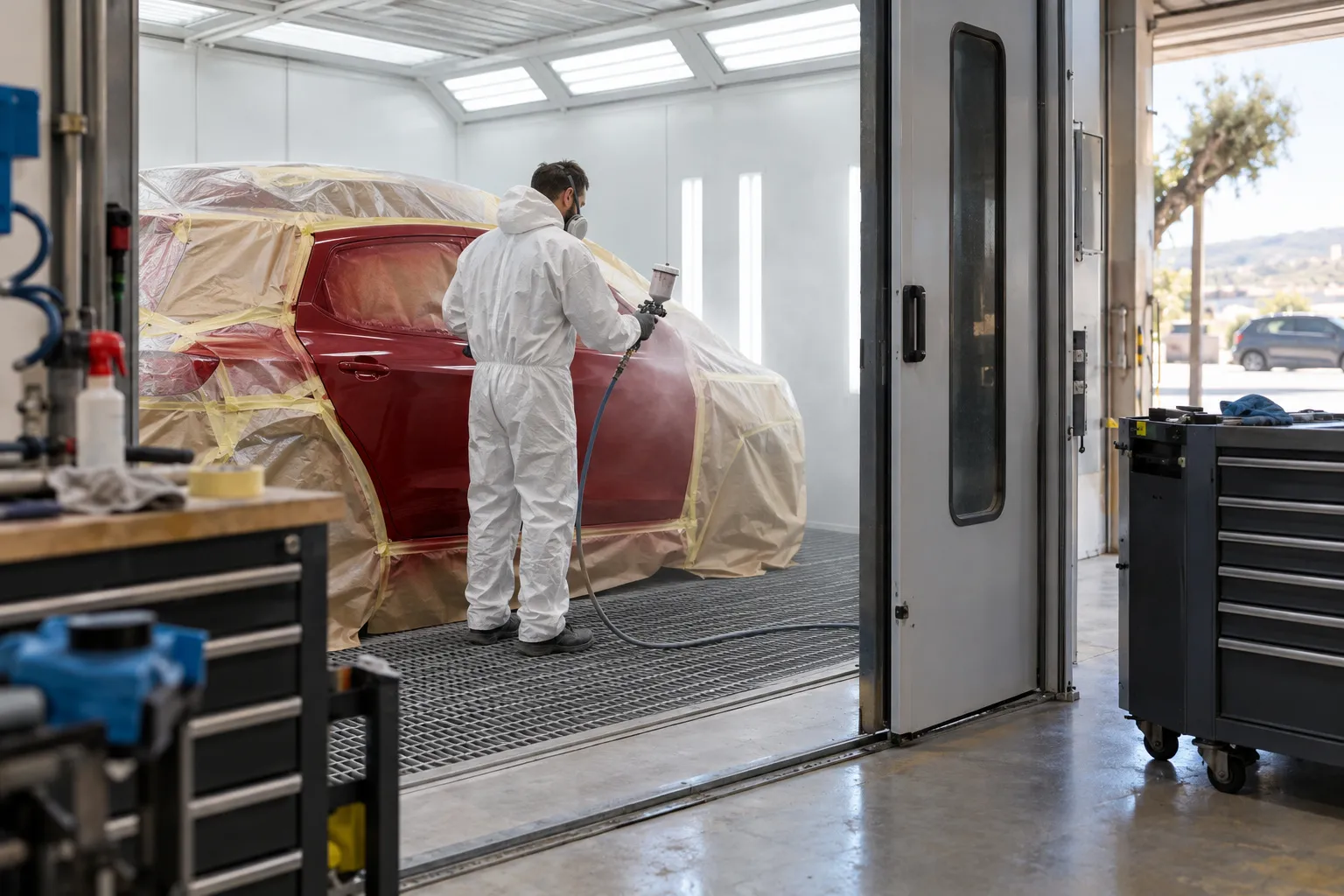 Cabine de peinture professionnelle à flux descendant vue depuis la porte : une citadine rouge masquée et un peintre en combinaison blanche et masque pulvérise une portière.